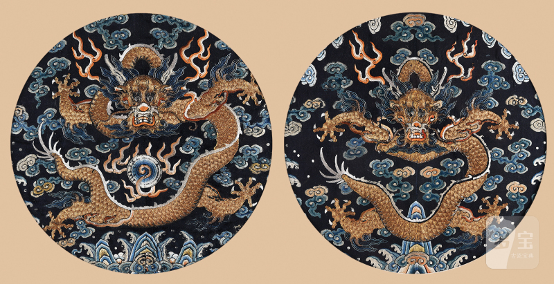 清石青地刺绣金龙纹团花屏一对 - 图1